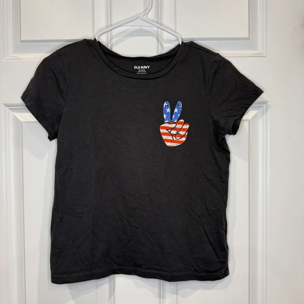Old Navy Kids Size XL 14-16 Black‎ Peace Sign Patriotic Graphic T-Shirt
